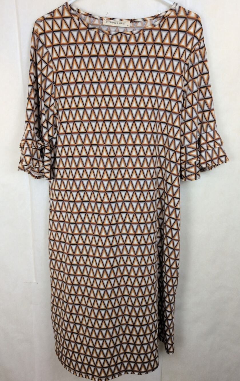 Tiffany and Grey geometric print ruffle bell sleeve dress Size Med Boho Retro